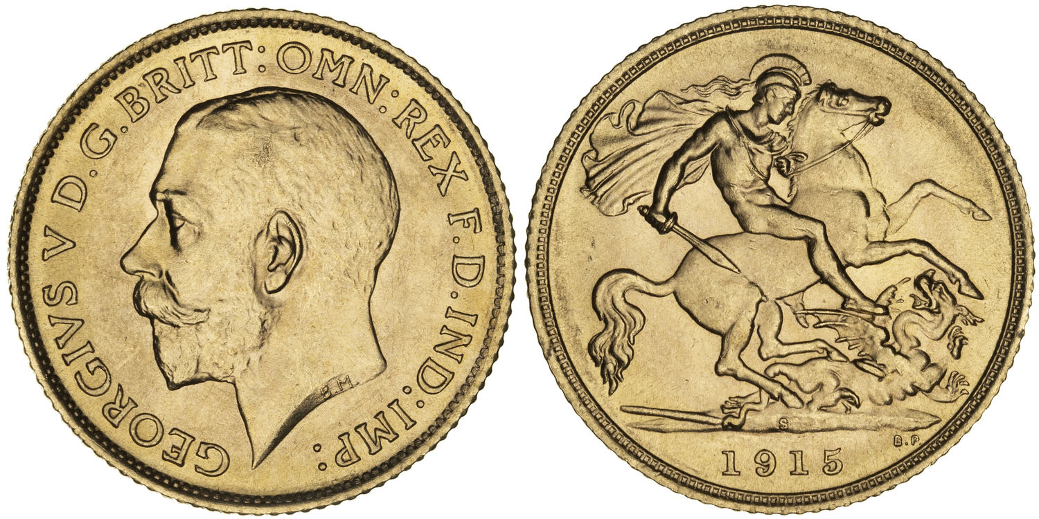 George V, St George Reverse , Half Sovereign, 1915-S, UNC