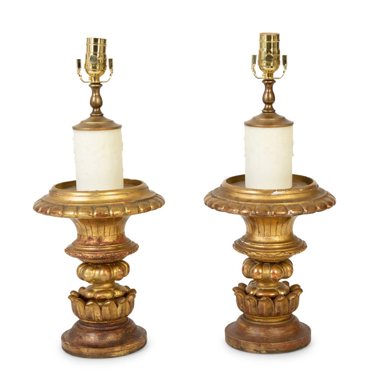 A Pair of Continental Giltwood and Gesso Turned Finials Mounted as Lamps
Height 19 1/2 x diameter 8 1/4 inches.