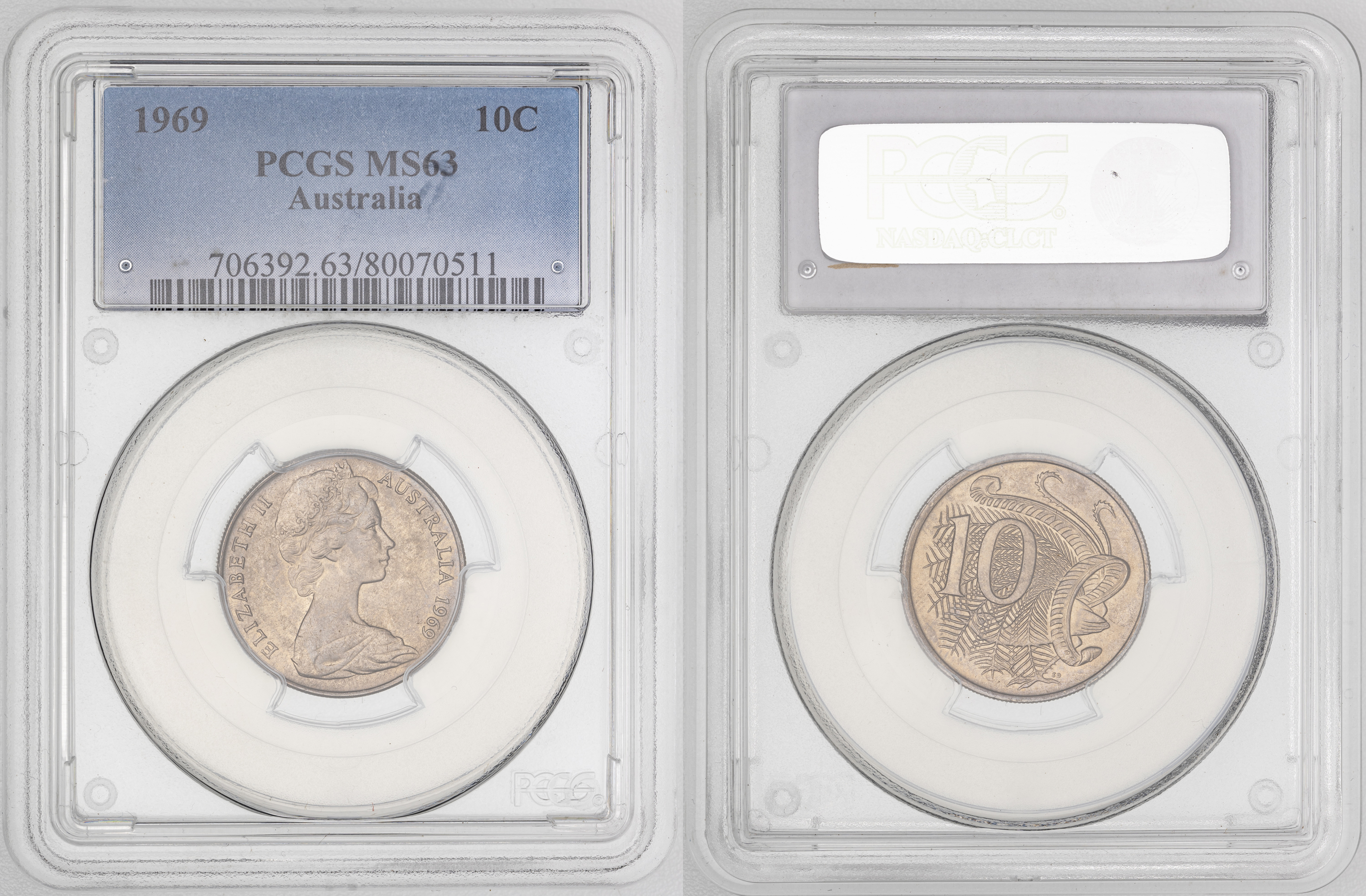 Elizabeth II, , Ten Cent, 1969, PCGS MS63