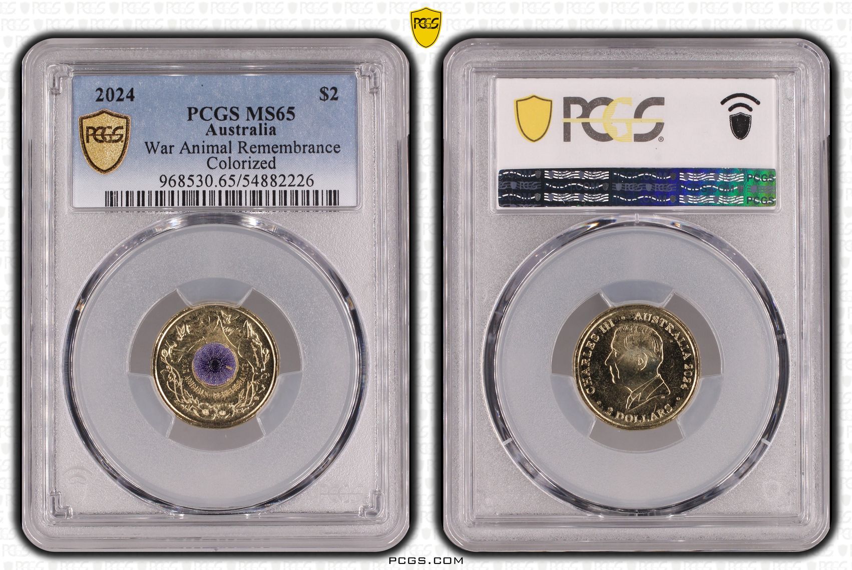 War Animal Remembrance Colourised, Two Dollar, 2024, PCGS MS65