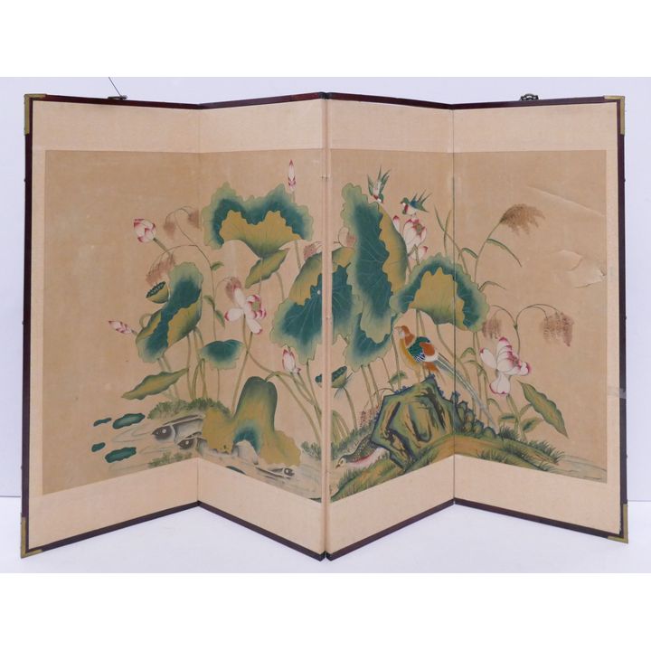 Japanese 4 Panel Lotus & Pheasant Screen- 36x68'' as-is