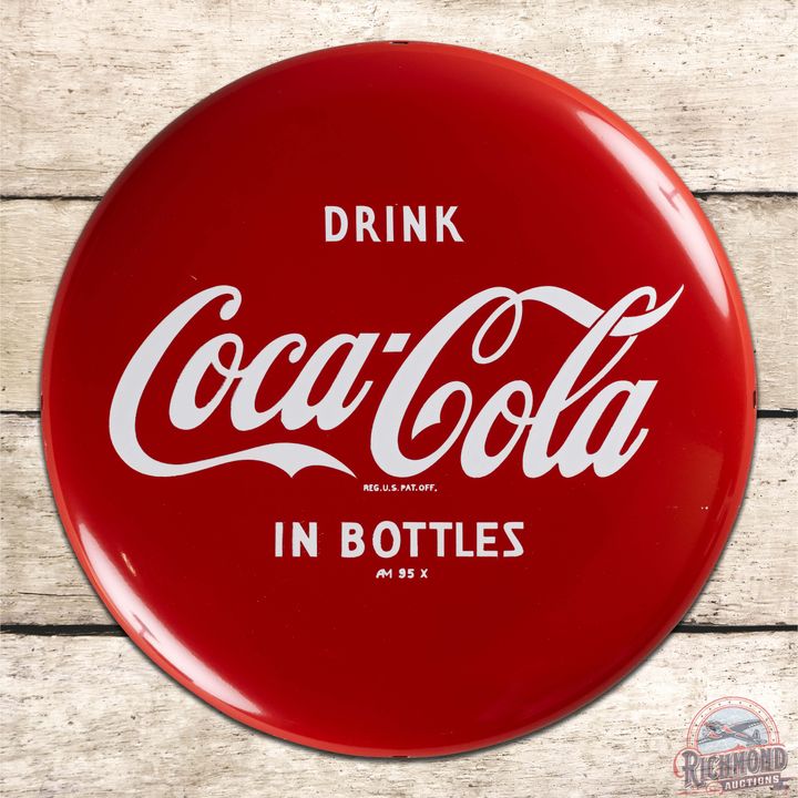 Superb Drink Coca-Cola in Bottles 12" Single Sided Tin Button Sign