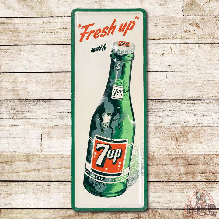 1960 Fresh Up w/ 7up Embossed Bottle Logo Single Sided Metal Sign TAC 9+