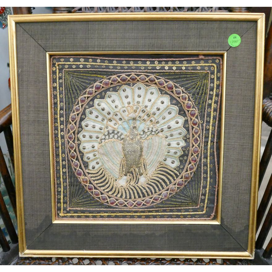 Old Burmese Kalaga Peacock Embroidery Framed 15''x15''