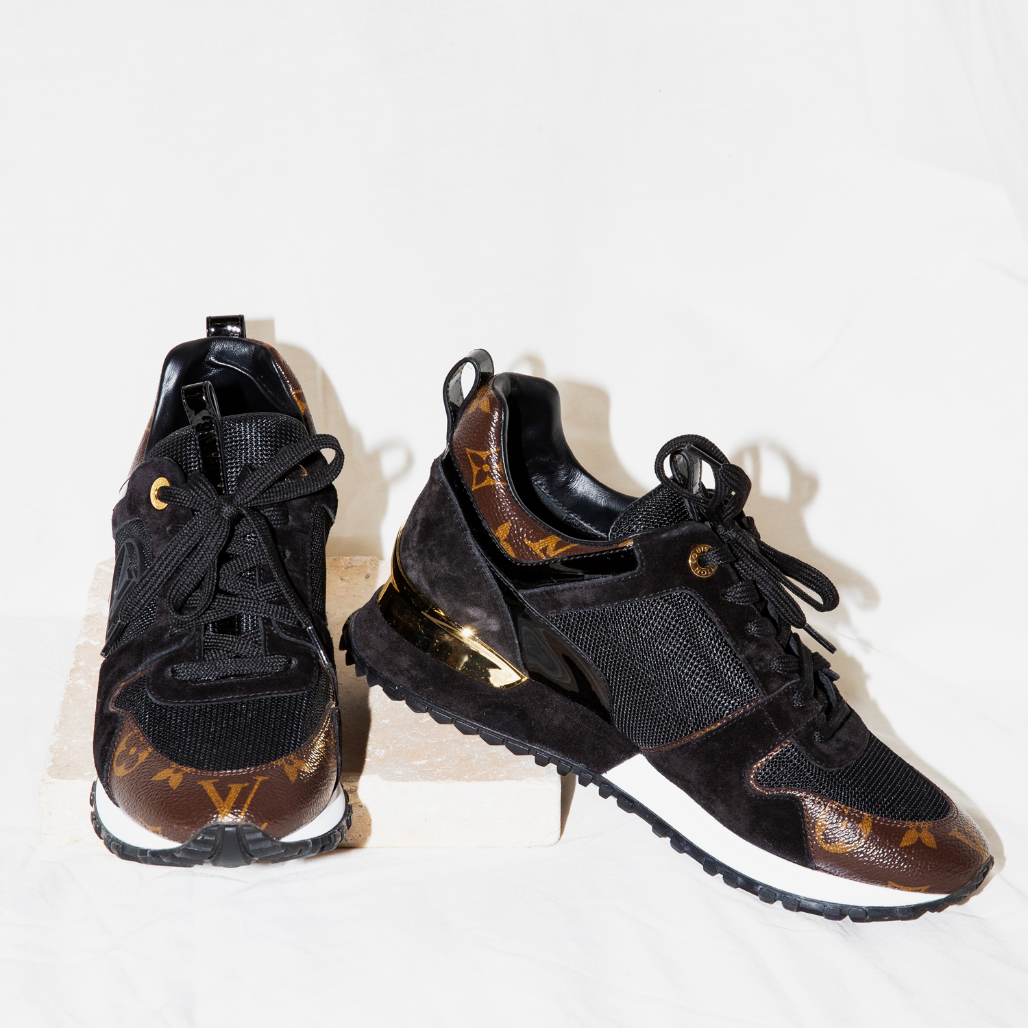 Louis Vuitton "Run Away" Sneaker in Black, Monogram and Gold Size 37 1/2