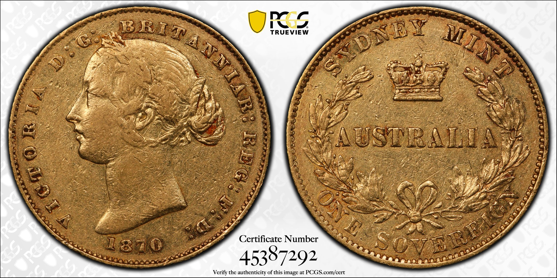 Victoria, Sydney Mint Reverse - Type 2, Sovereign, 1870, PCGS AU50