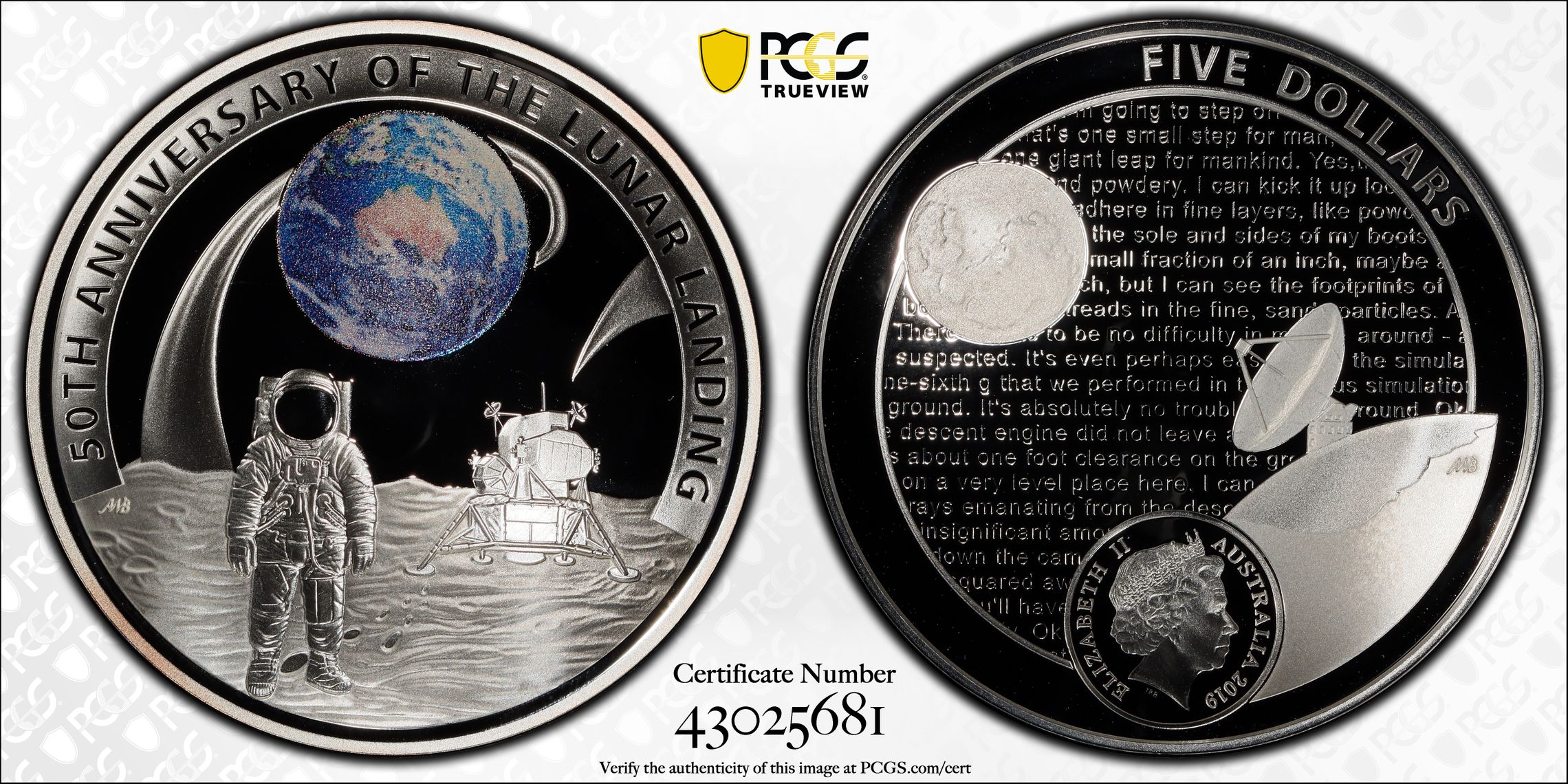 Elizabeth II, Apollo 11 50th Ann. POP 25/0, Five Dollar, 2019, PCGS PR70DCAM