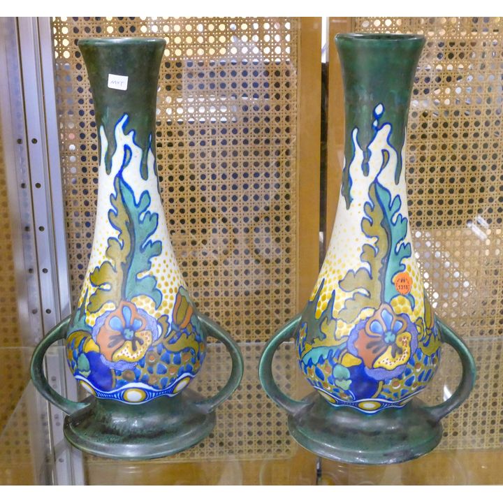 Pair Corona Gouda Holland Handled Tall Vases 14''