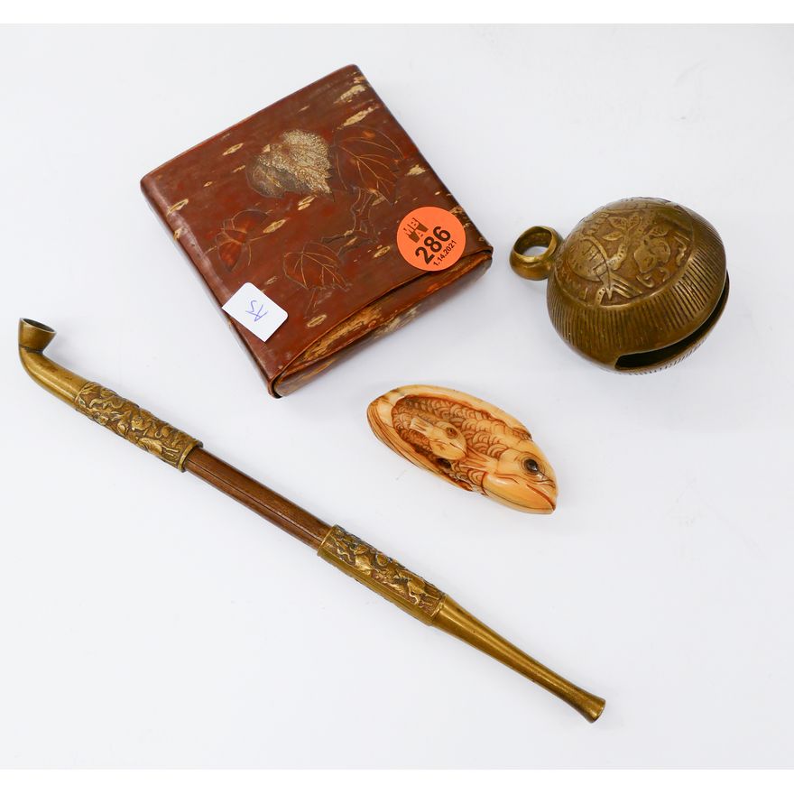 4pc Old Asian Netsuke, Pipe, Card Case, and Bell