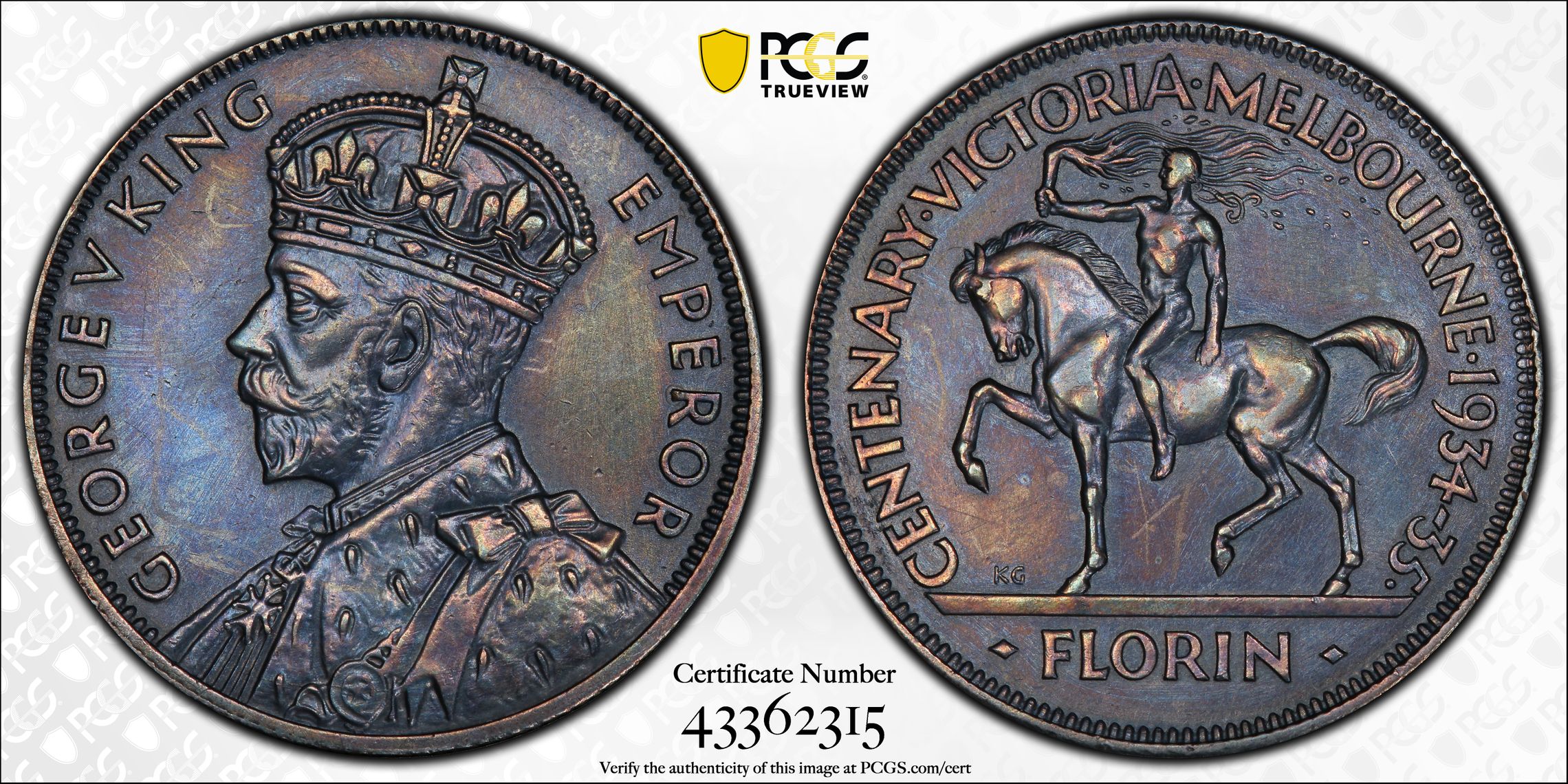 Melbourne Centenary, Florin, 1934-35, PCGS Genuine - AU Details (92 - Cleaned)