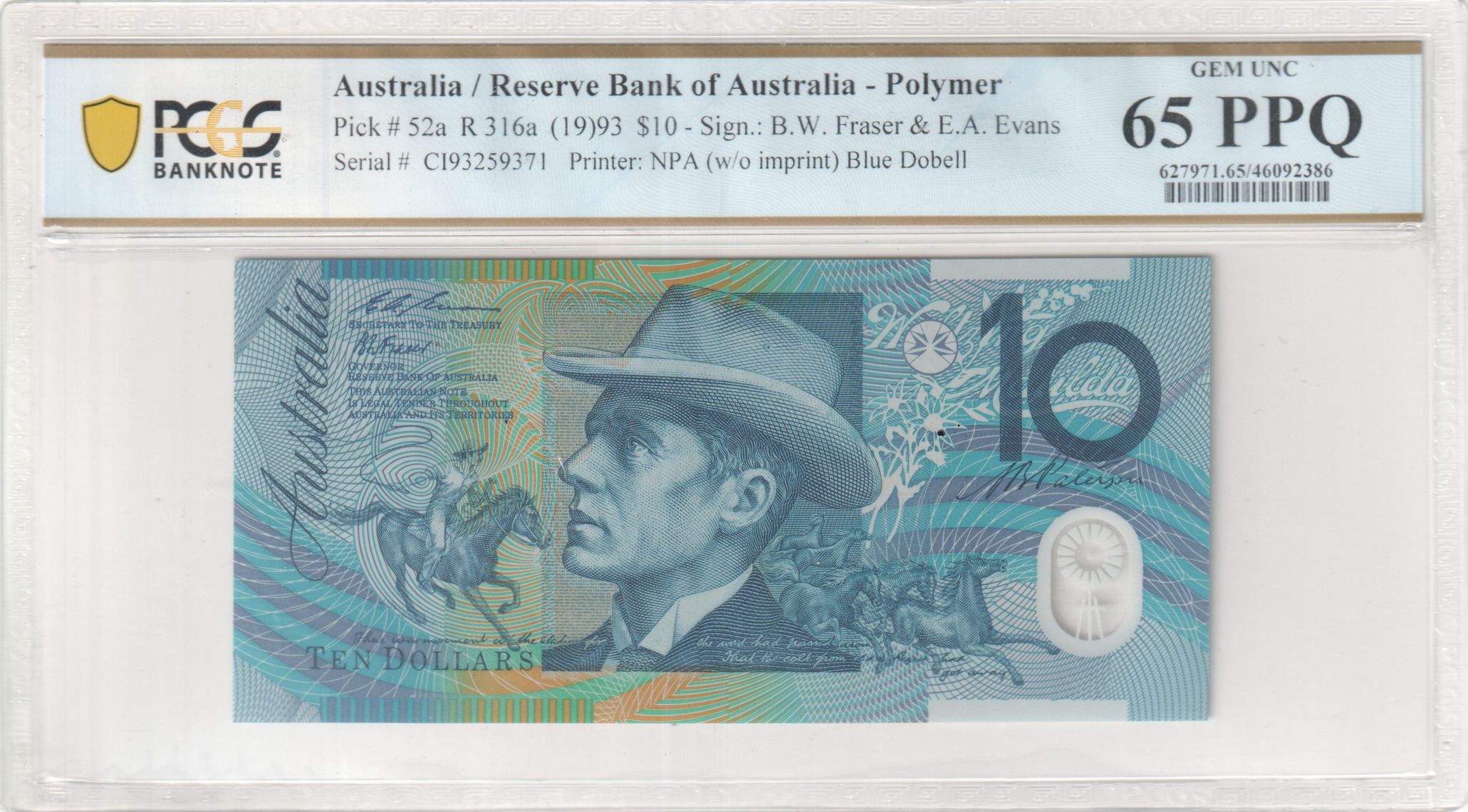 Fraser/Evans, Blue Dobell, Ten Dollar, 1993, PCGS Gem UNC 65 PPQ