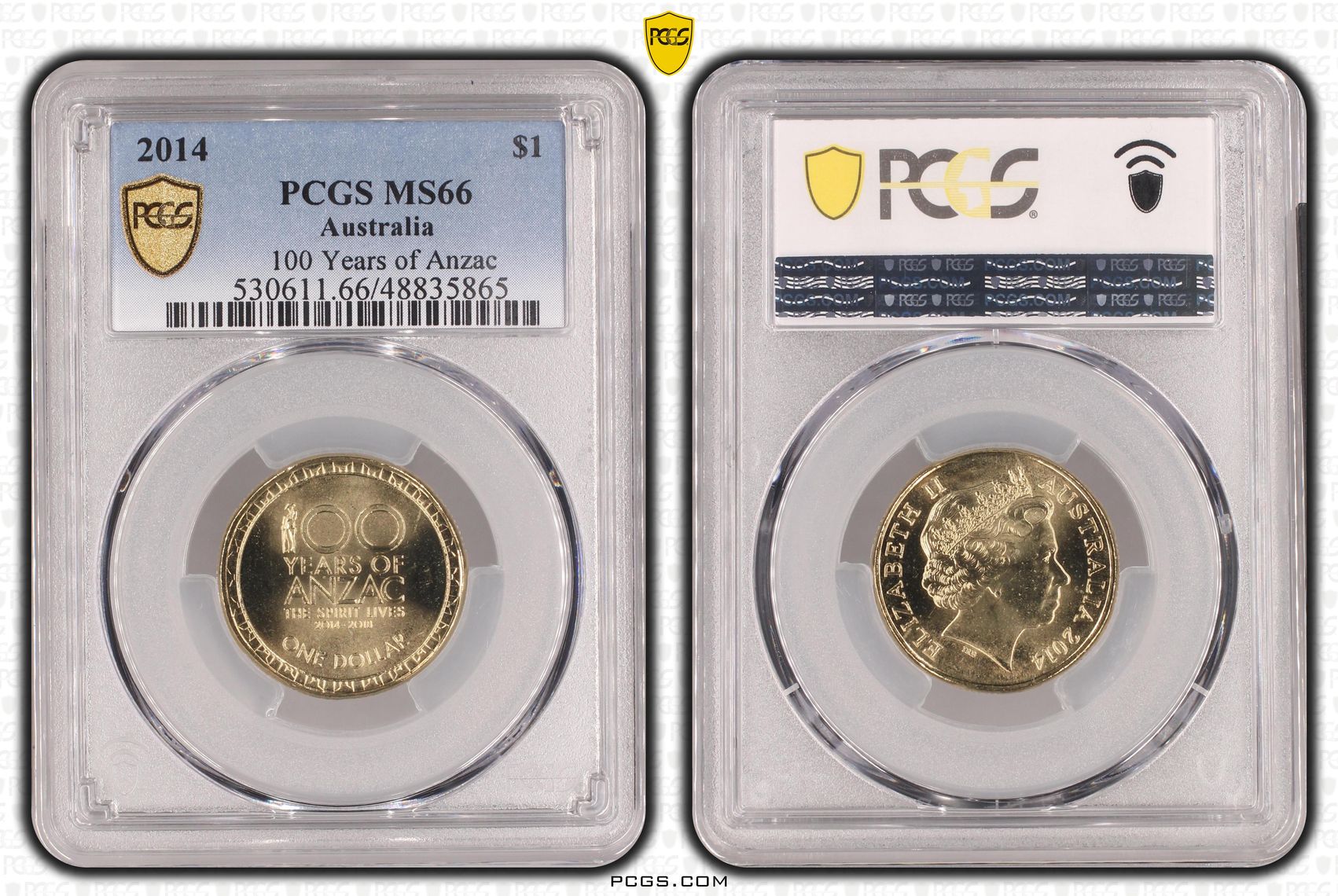 243 · 100 Years of Anzac , One Dollar, 2014, PCGS MS66