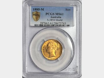 1885 VICTORIA MELBOURNE MINT SHIELD GOLD SOVEREIGN MS61