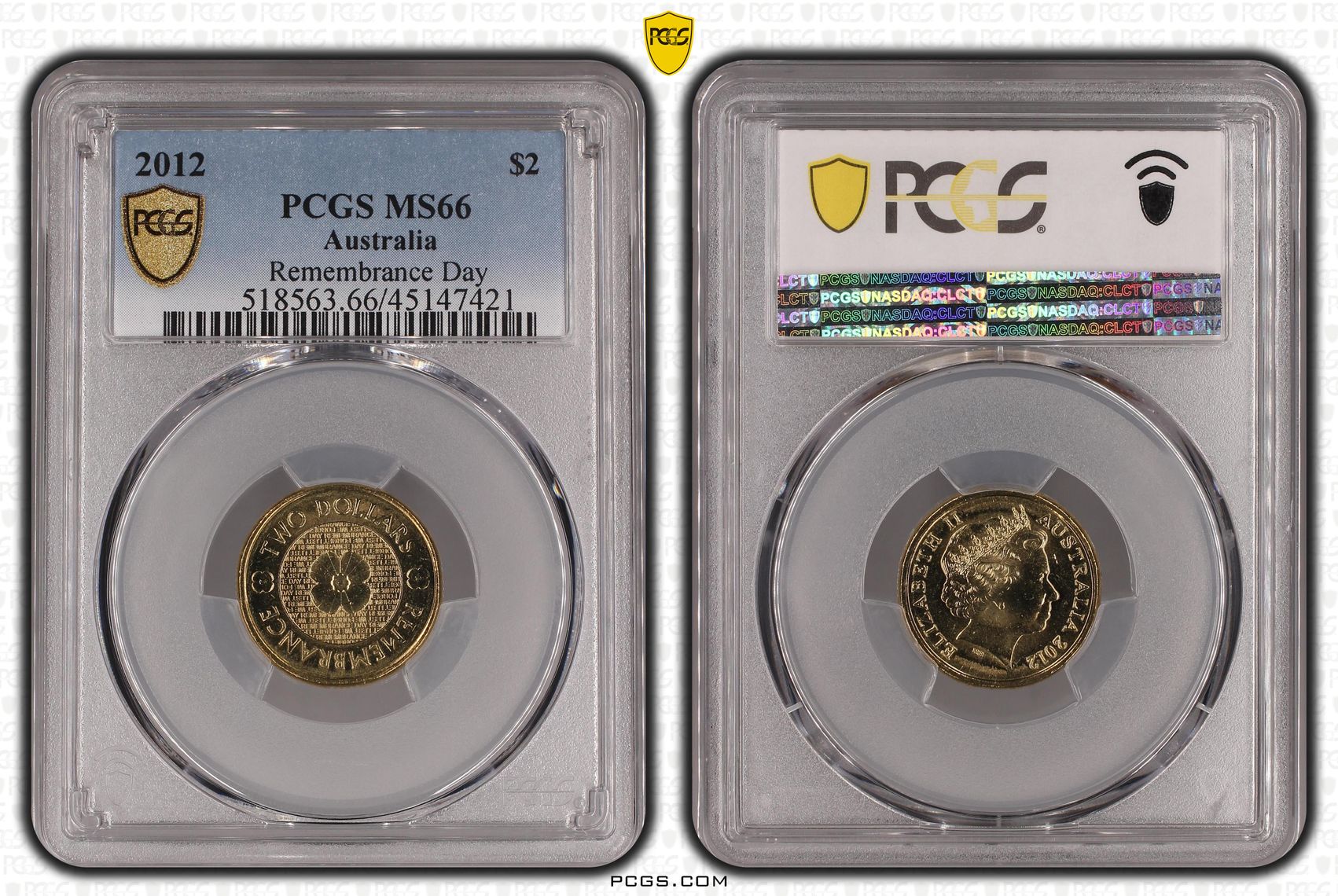 2012 Australia Two Dollar, $2 Remembrance Day PCGS - MS66 -421