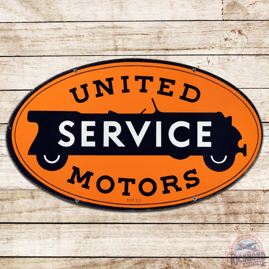 United Motors Service 48" DS Porcelain Sign w/ White Wheels