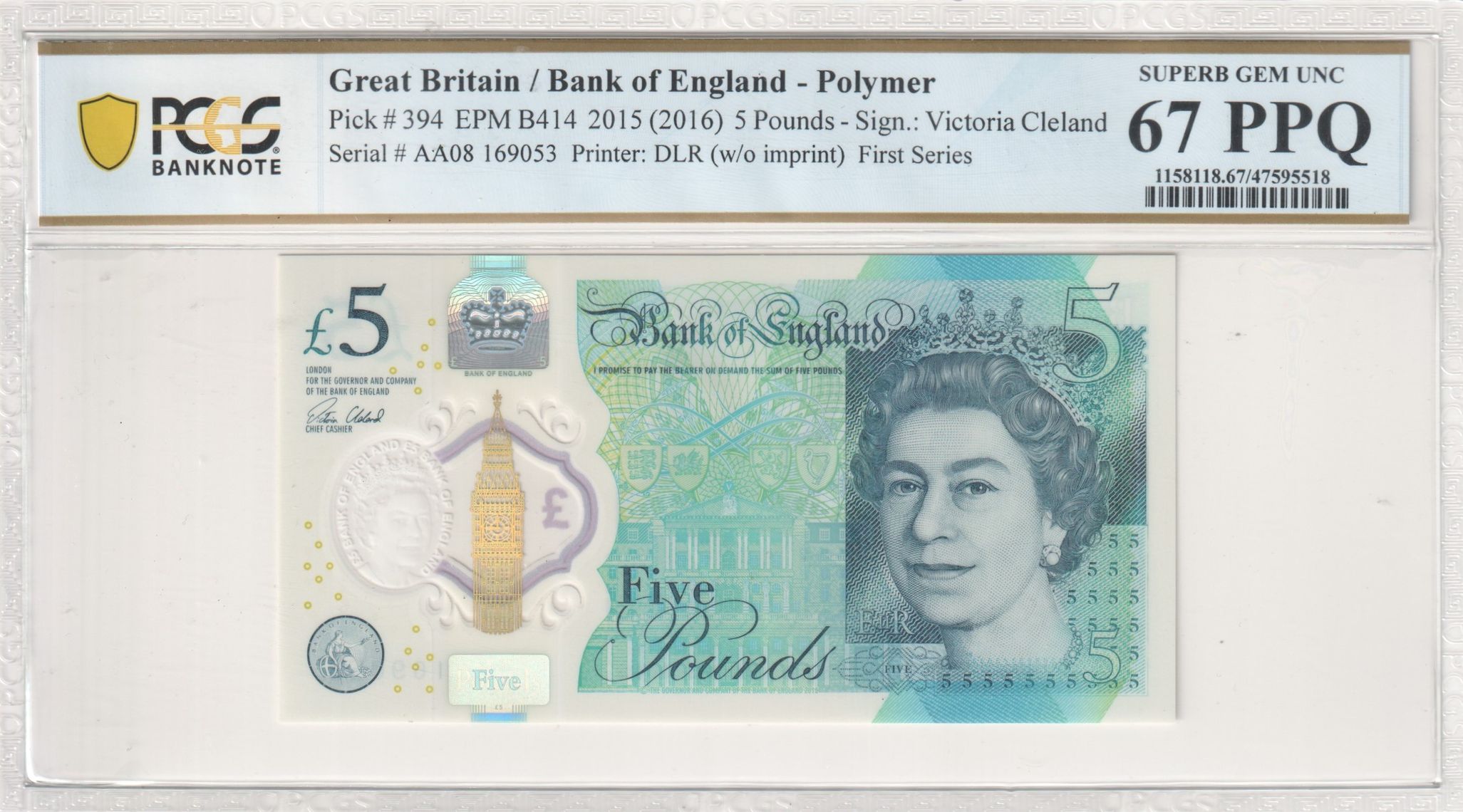 Great Britain, Polymer, DLR (w/o imprint), Victoria Cleland, First Series, Five Pound, 2015 (2016), PCGS Superb Gem UNC 67 PPQ