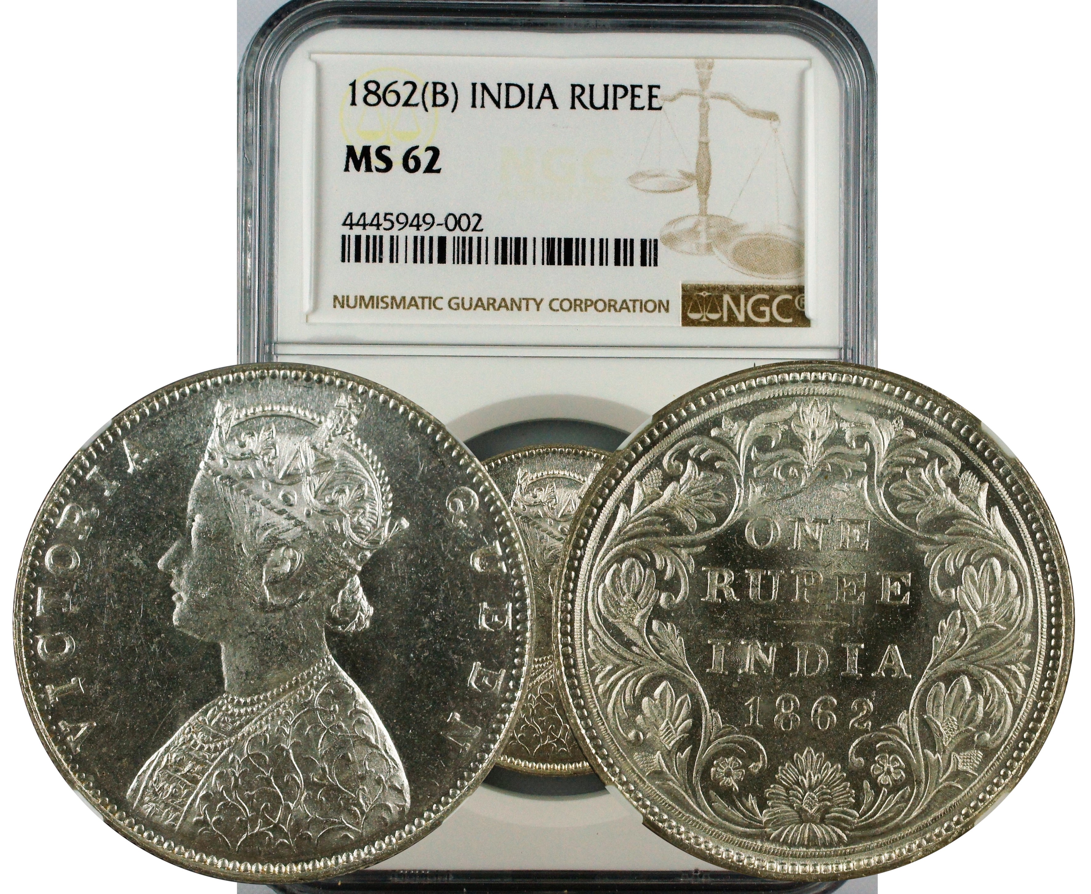 India British 1862 B Rupee NGC MS62