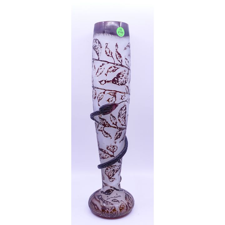 Lemaitre French Cameo Glass Snake Vase- 17''
