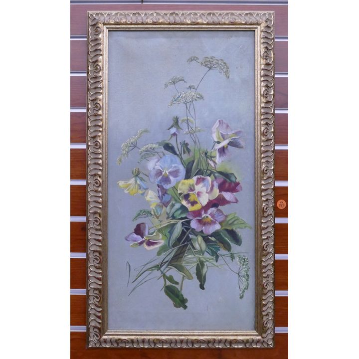 Victorian Pansies Floral Oil Painting Framed- 27x15''