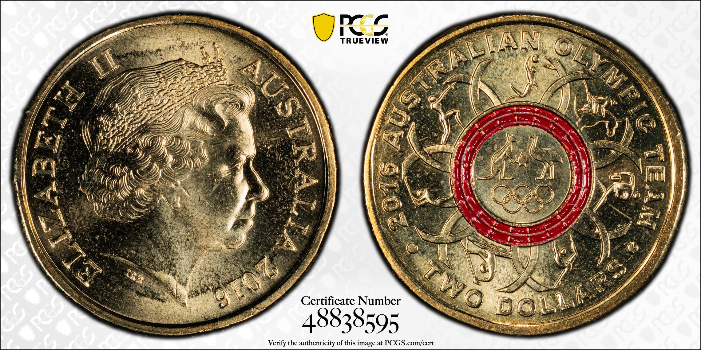 Olympic Team - Red Colorized, Two Dollar, 2016, PCGS MS66