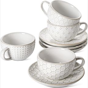 LE TAUCI 6 OZ CAPPUCCINO CUPS WITH SAUCERS, SUIT FOR HOUSE-WARMING, CERAMIC EMBOSSMENT COFFEE CUP FOR AU LAIT, DOUBLE SHOT, LATTE,