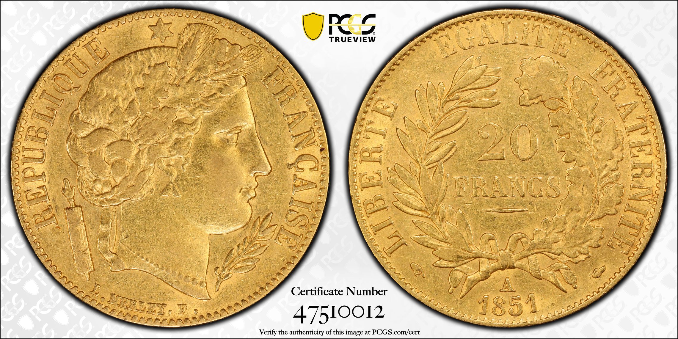 France, Twenty Francs, 1851-A, PCGS AU55