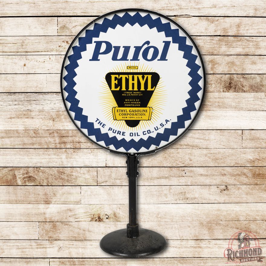 30" Pure Oil Purol Ethyl Double Sided Porcelain Curb Sign TAC 8.9