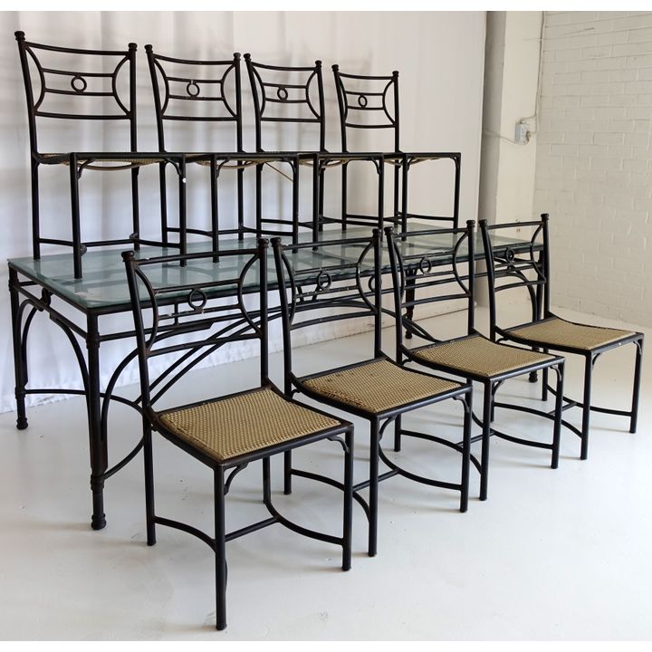 ALUMINIUM AND GLASS PATIO TABLE AND 8 CHAIRS