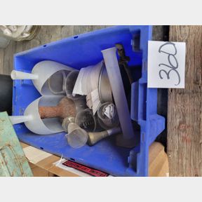 Container of Beakers, Burner and Other Chemistry Items