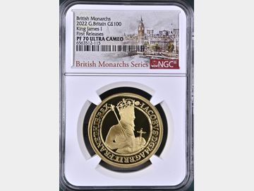 2022 ELIZABETH II BRITISH MONARCHS SERIES 'KING JAMES I' GOLD 1oz PROOF £100 COIN PF70 UCAM
