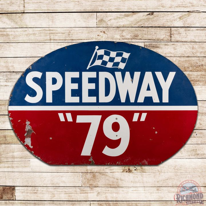 Rare Speedway "79" Gasoline 7' Double Sided Porcelain ID Sign w/ Checkered Flag