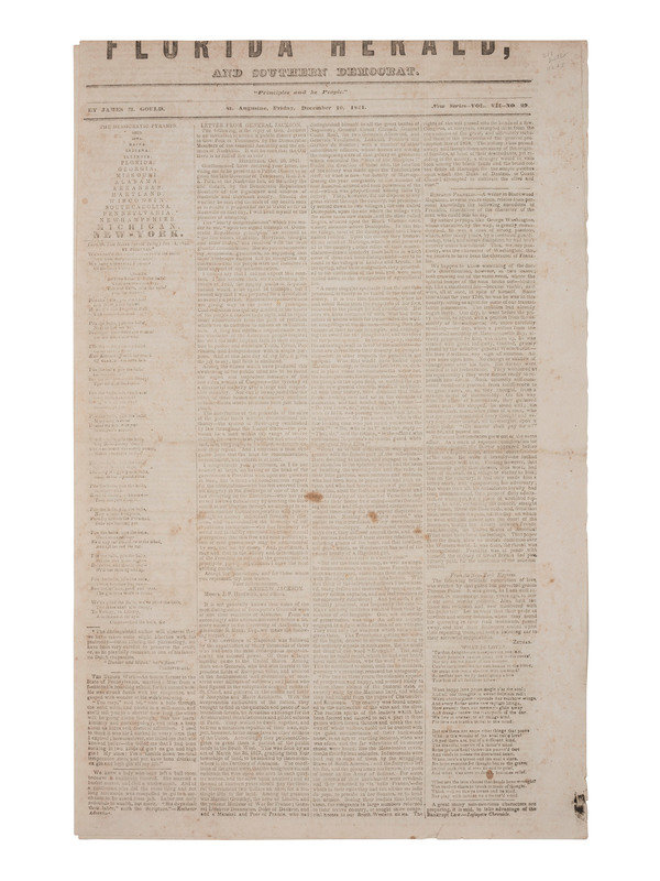[SECOND SEMINOLE INDIAN WAR]. Florida Herald. Vol. VII, No. 29. St. Augustine, Florida Territory: James M. Gould, 10 December 1841.