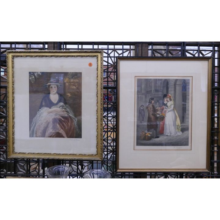 2pc Antique French Mezzotint Etchings- largest 21x18''