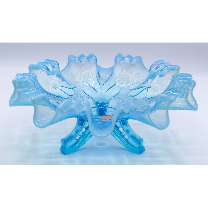 Dugan Blue Daisy & Plume Ruffled Glass Bowl 9''