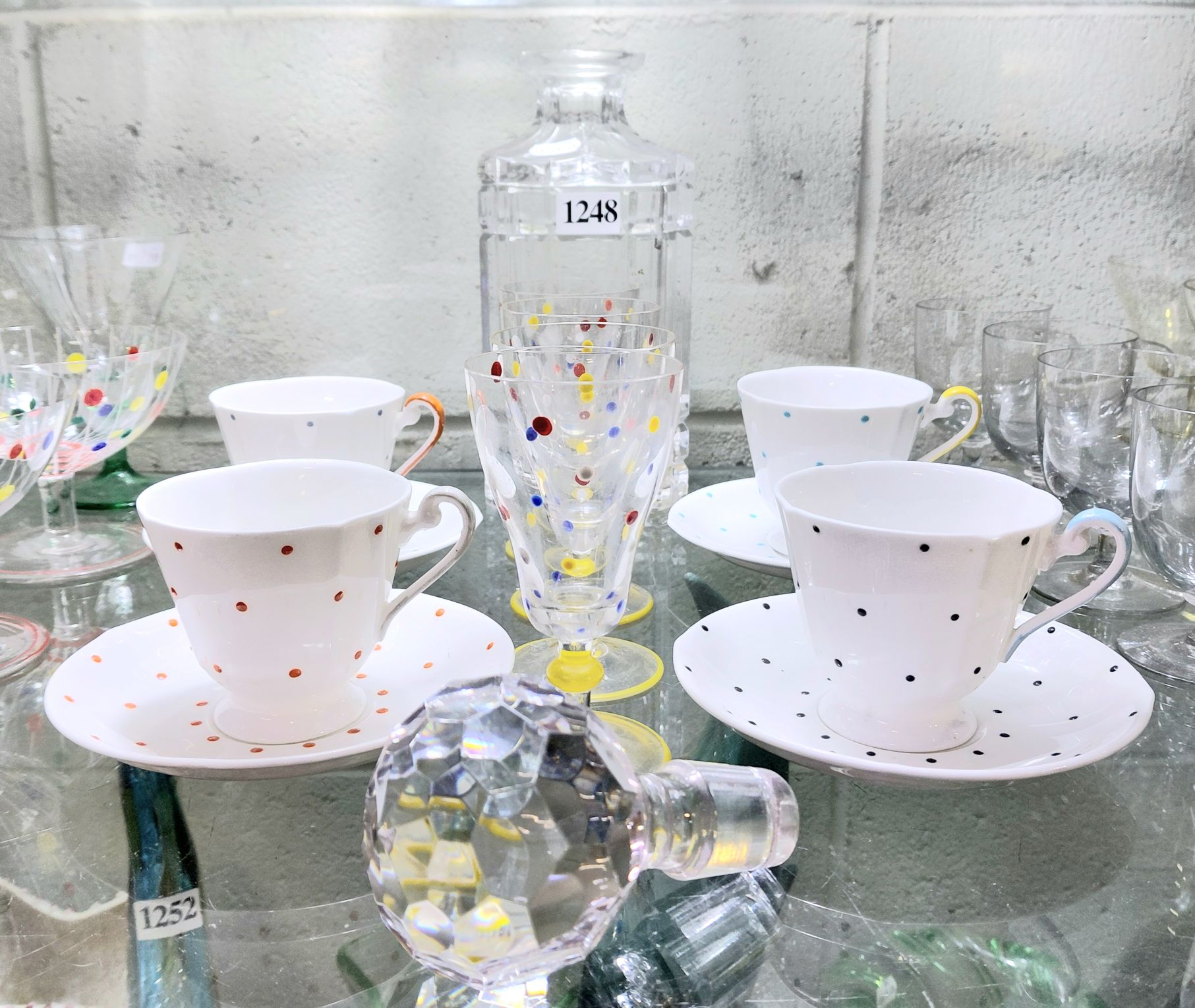 Crystal Decanter And Polka Dot Tableware