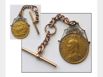 1887 Queen Victoria Jubilee Head Gold Two Pound Coin on Rose Gold Albert Chain.