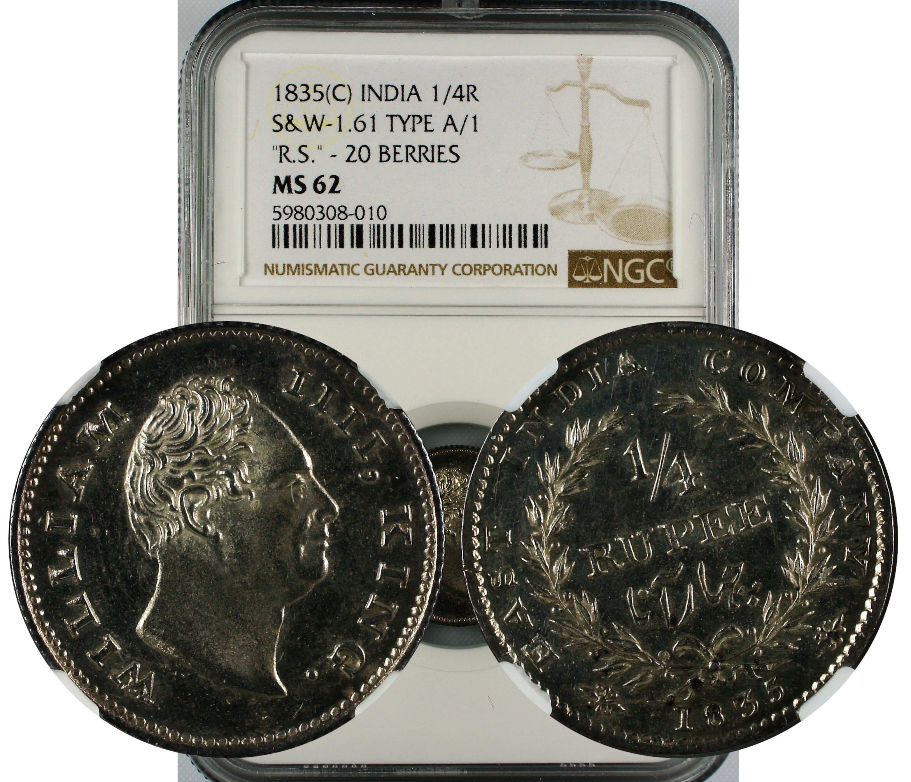 India British 1835 1/4 Rupee R.S. Incuse 