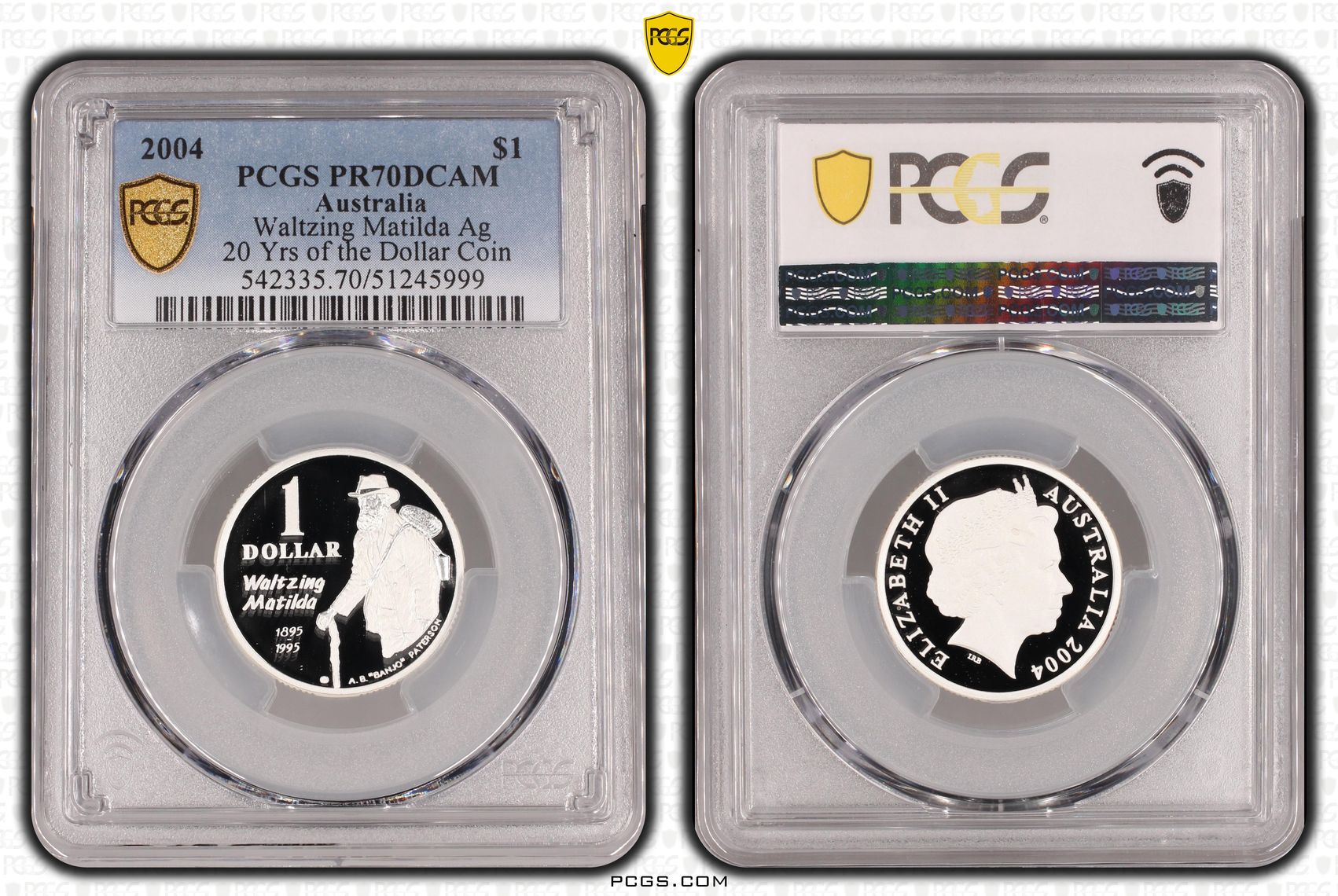 Waltzing Matilda Ag - 20 Yrs of the Dollar Coin POP 19/0, One Dollar, 2004, PCGS PR70DCAM