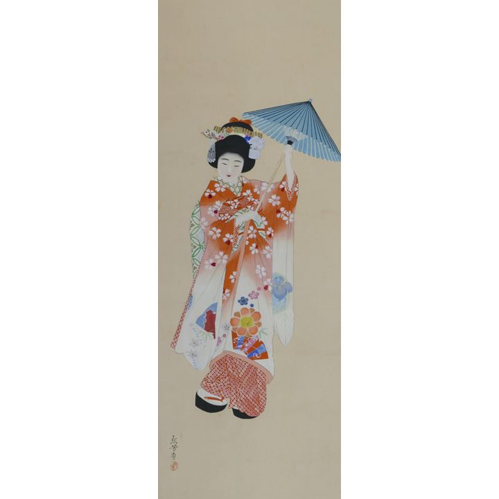 Old Japanese Geisha with Parasol Scroll Painting 45''x14'' Image