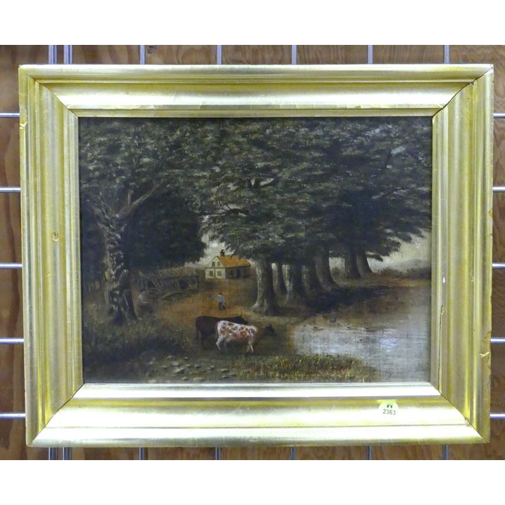 Antique Naive Farm Scene Oil Painting Framed- 14x17''
