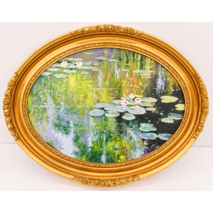 Claude Cambour 'Les Nenuphares' (The Water Lilies) Oil on Canvas Oval Painting- 15x19''