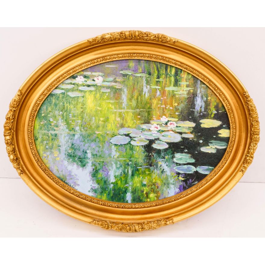 Claude Cambour 'Les Nenuphares' (The Water Lilies) Oil on Canvas Oval Painting- 15x19''