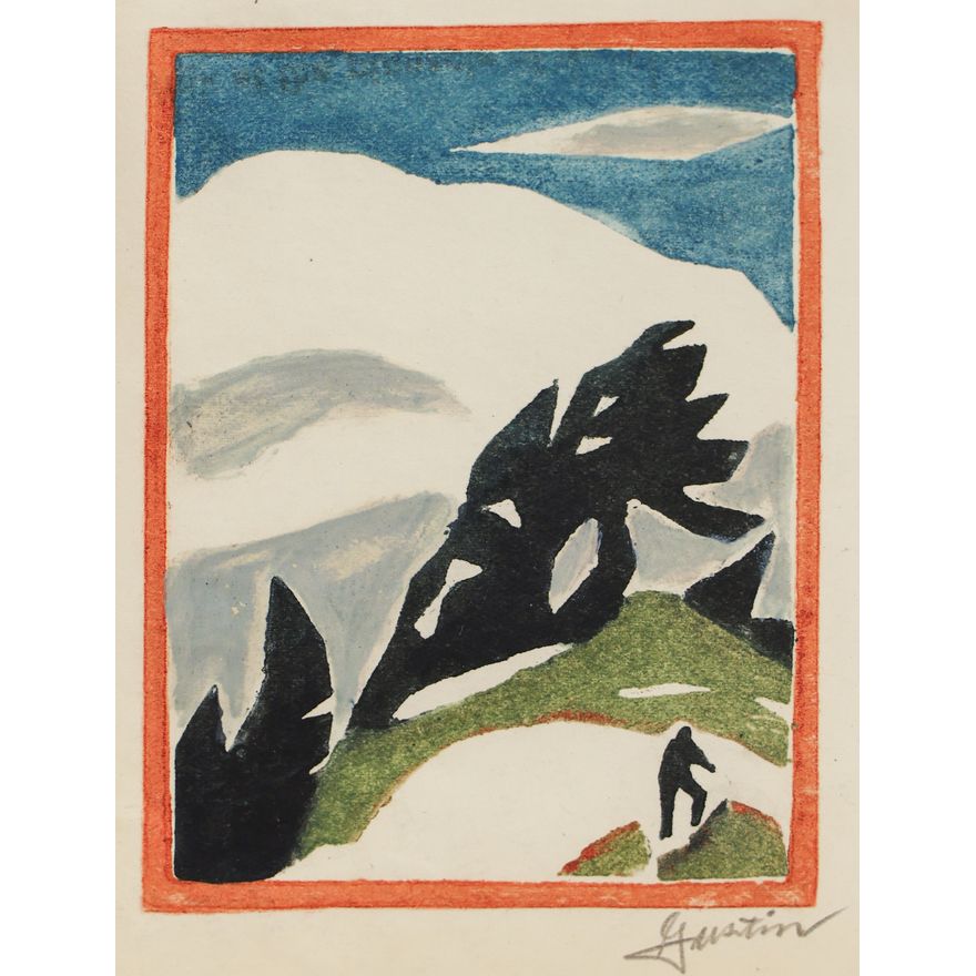 Paul Morgan Gustin ''Untitled'' (Rainier with Hiker) Woodcut