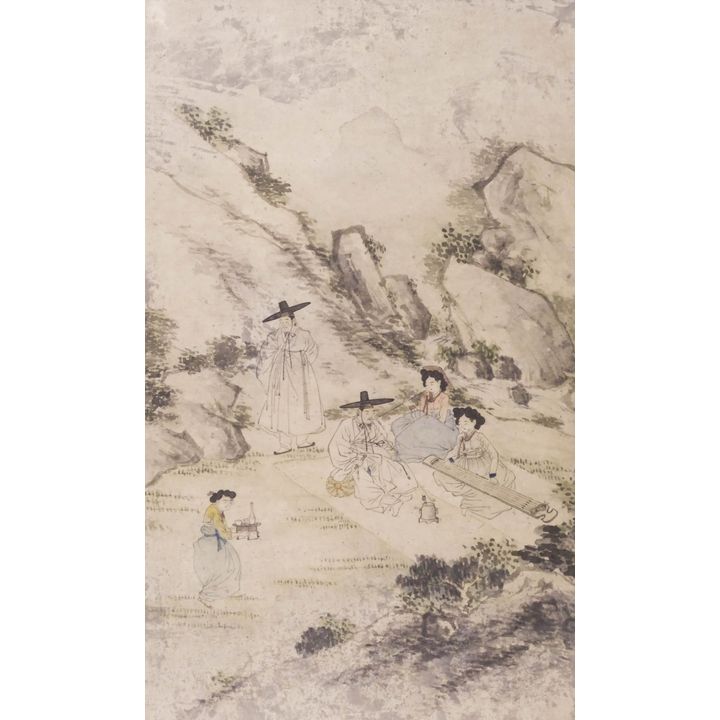 Korean Joseon Picnic Scene Watercolor Painting