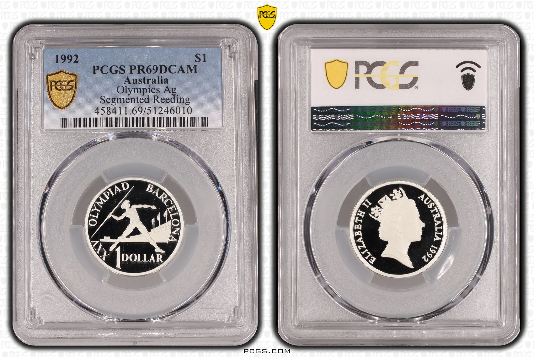 Olympics Ag - Segmented Reeding, One Dollar, 1992, PCGS PR69DCAM