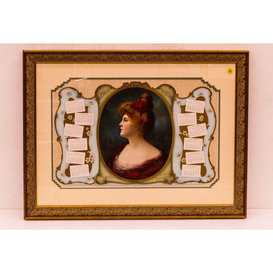 Antique Swift's Premium 1903 Advertising Calendar Die-Cut Chromolitho Framed- 21x28''