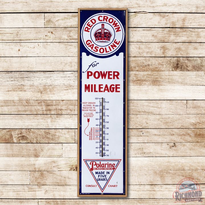 6' Red Crown Gasoline for Power Mileage Polarine Porcelain Thermometer Sign