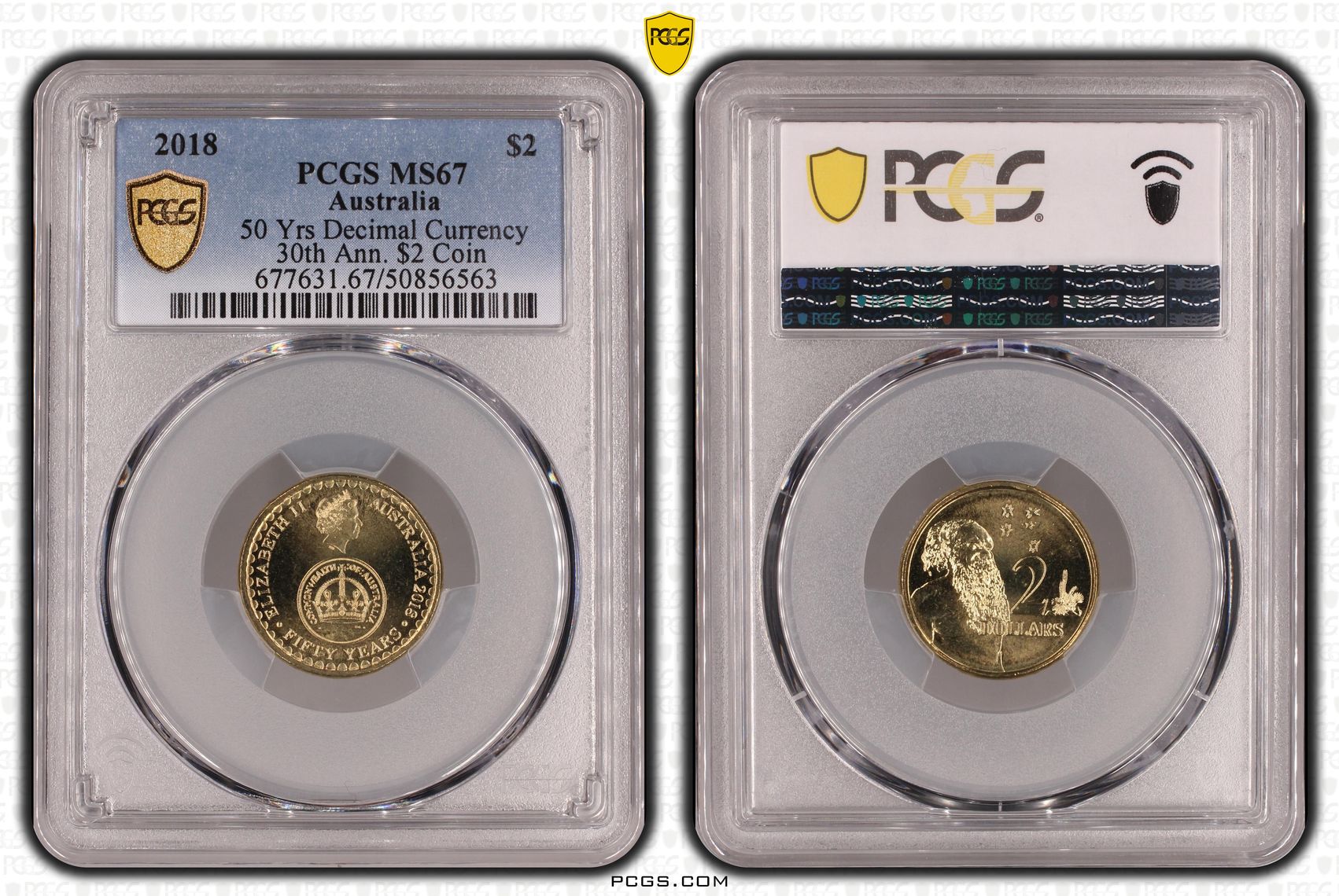 424 · 50 Yrs Decimal Currency 30th Ann. $2 Coin , Two Dollar, 2018, PCGS MS67