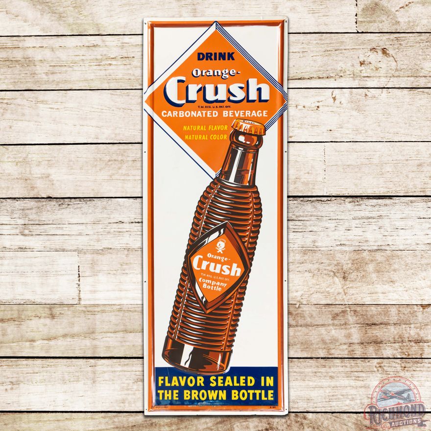 Drink Orange Crush 4' Vertical Emb. Single Sided Tin Sign w/ Krinkle Bottle & Crushy