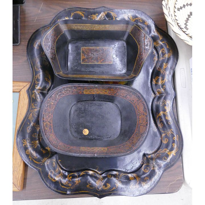 3pc Antique Tole Ware Painted Trays- largest 26''